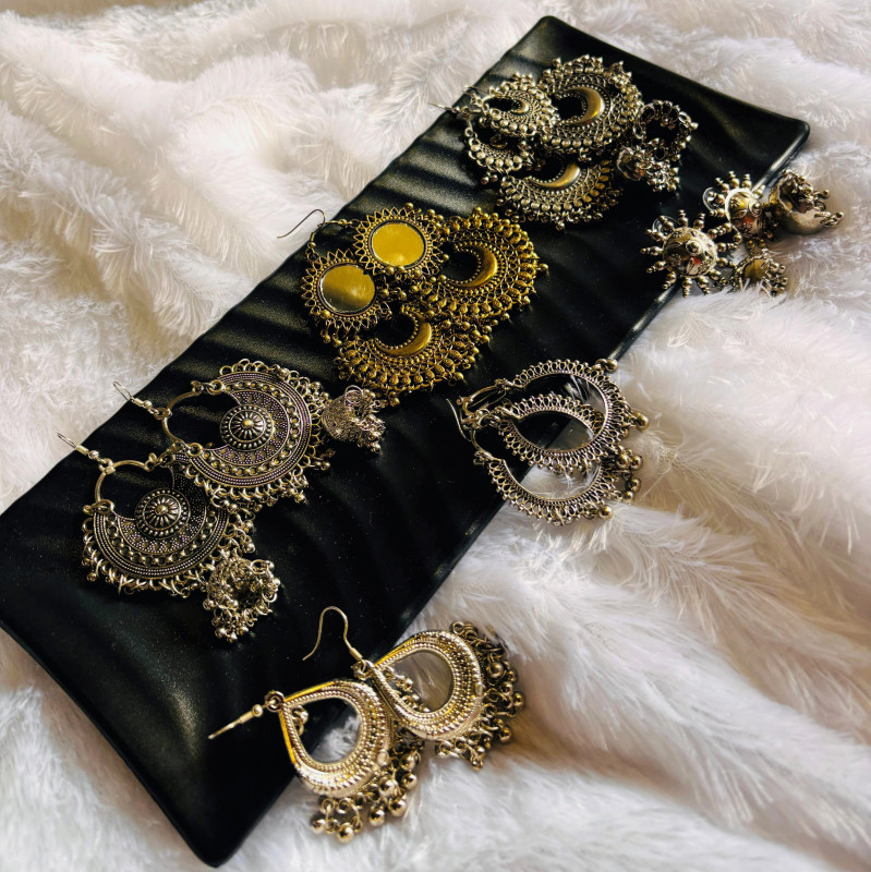 The Rajasi Heritage Set – 6 Oxidized Jhumka Earrings in Silver & Gold Finish