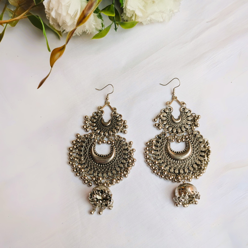 Oxidized Silver Crescent Jhumka Earrings